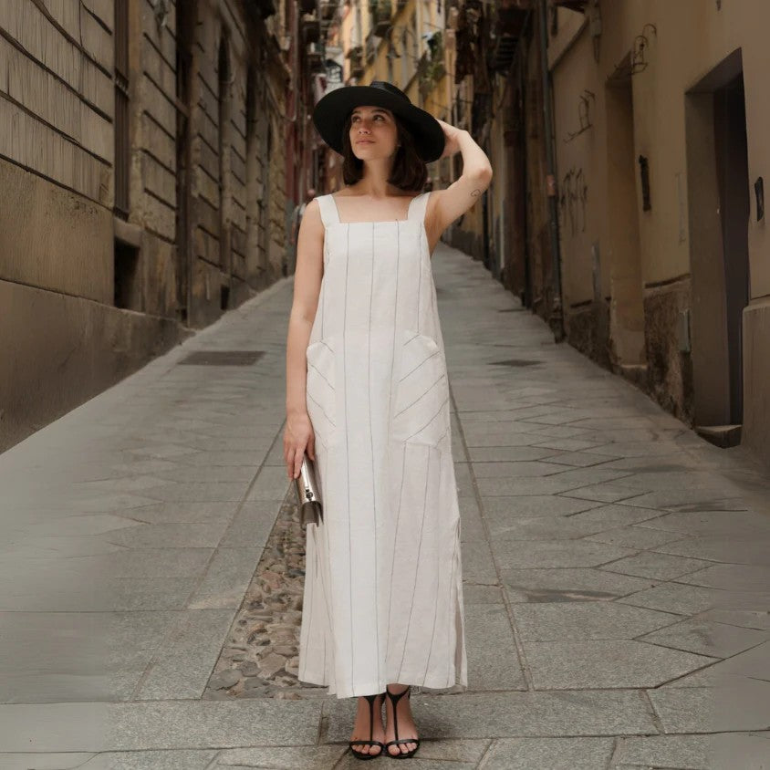 Linen Fugue Dress - Milk White with Grey Stripe