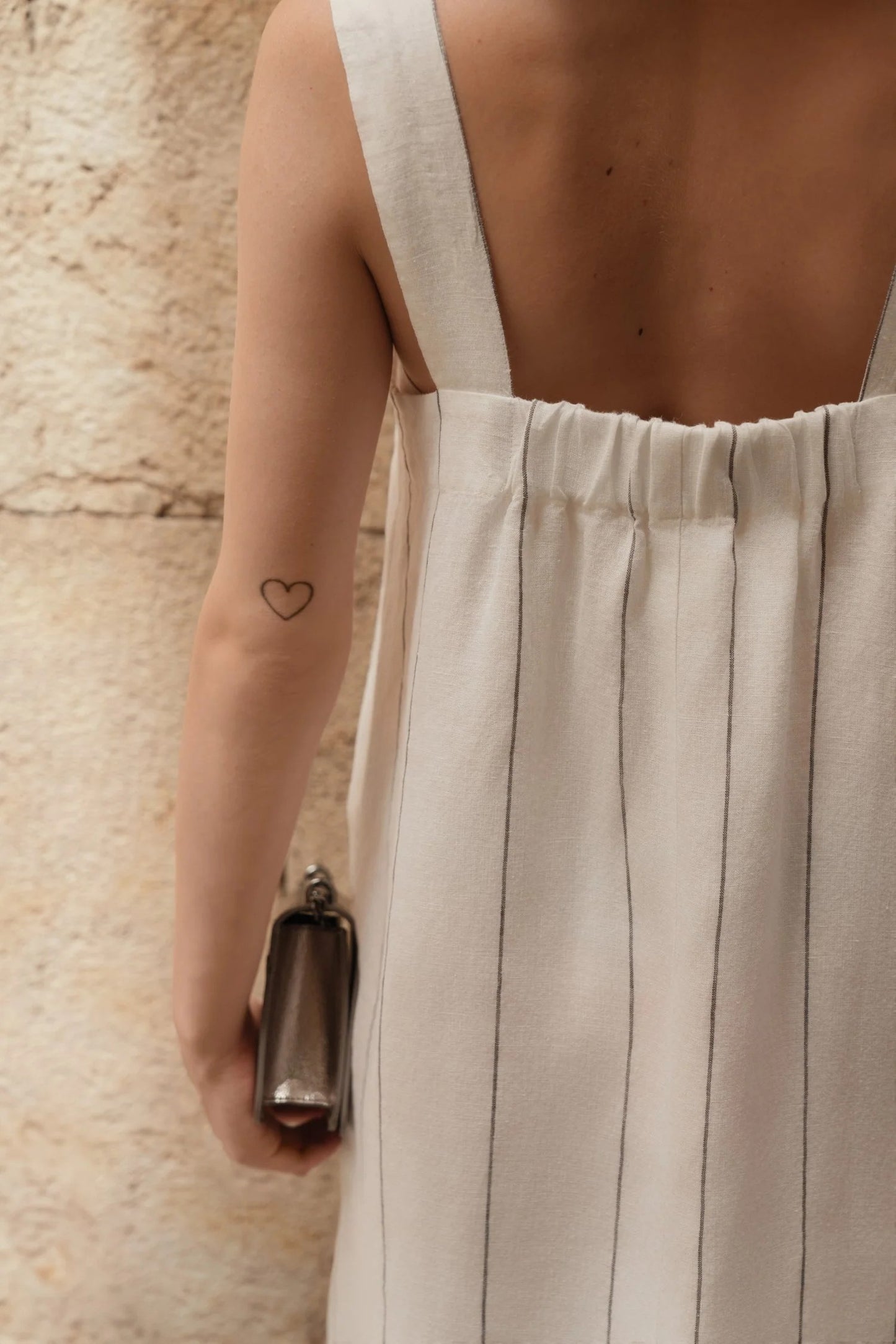 Linen Fugue Dress - Milk White with Grey Stripe