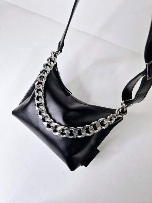 Black Leather Hobo Bag - Small