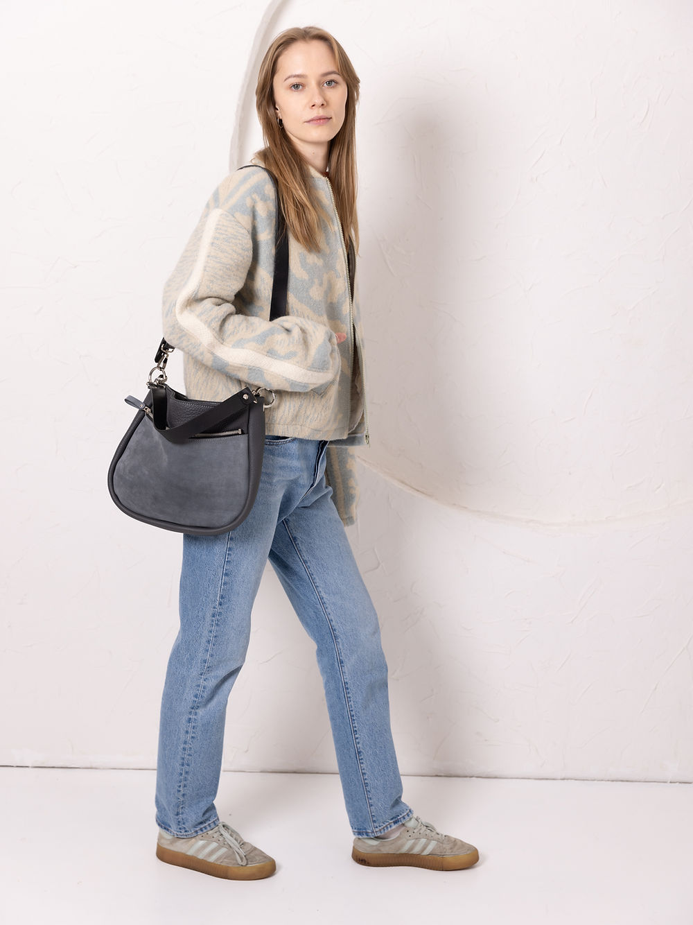 STELLA Leather Handbag - Grey & Suede