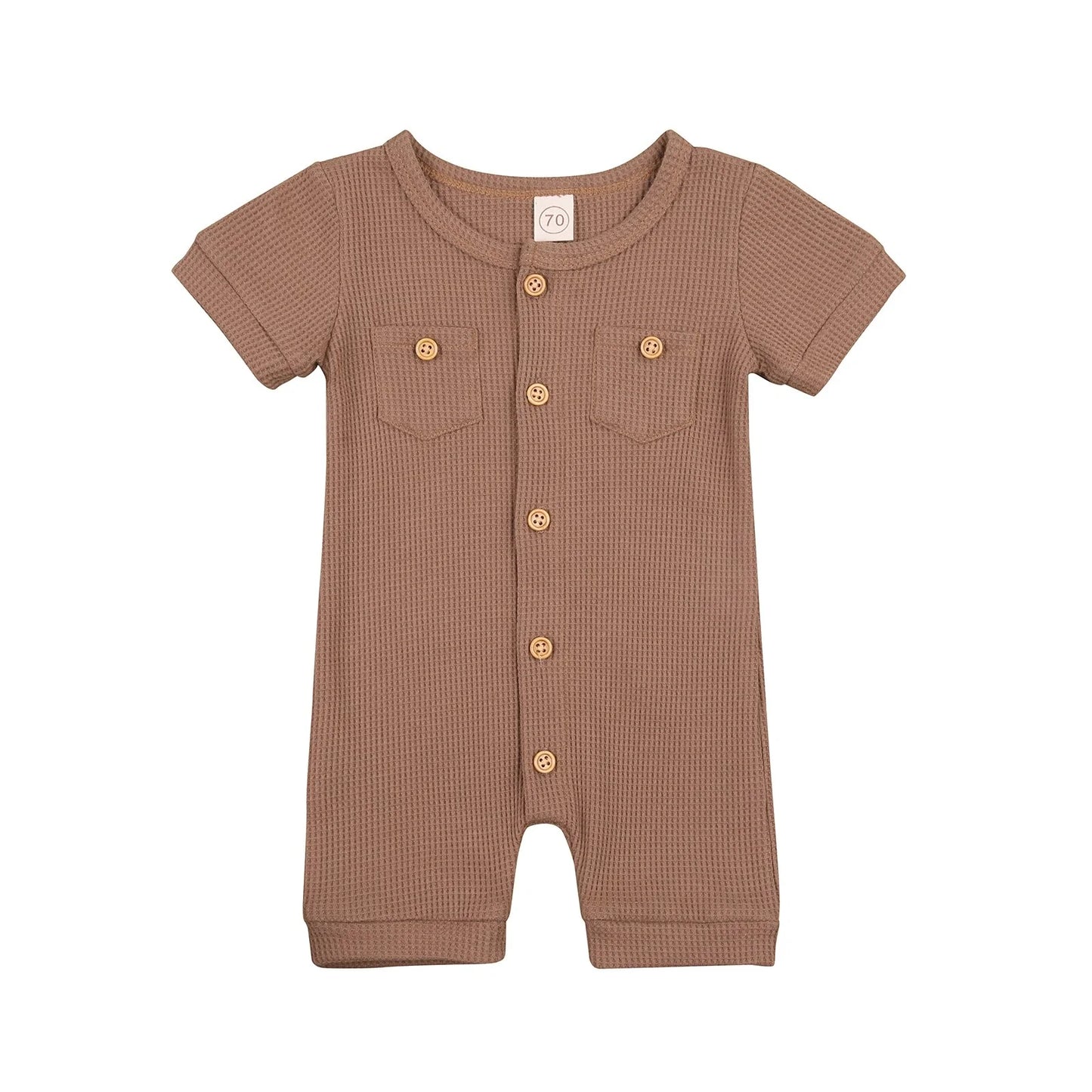 Baby Solid Color Short Sleeve Round Neck Button Playsuit