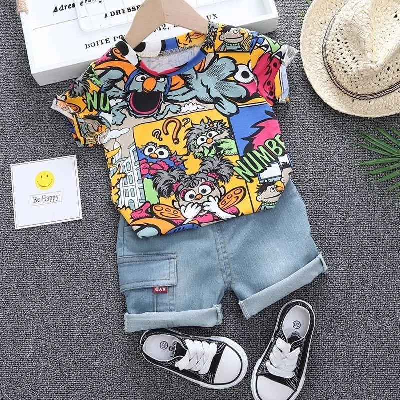 Kid Boys' Summer Graffiti Outfit with Sunhat: T-shirt & Denim Shorts Set