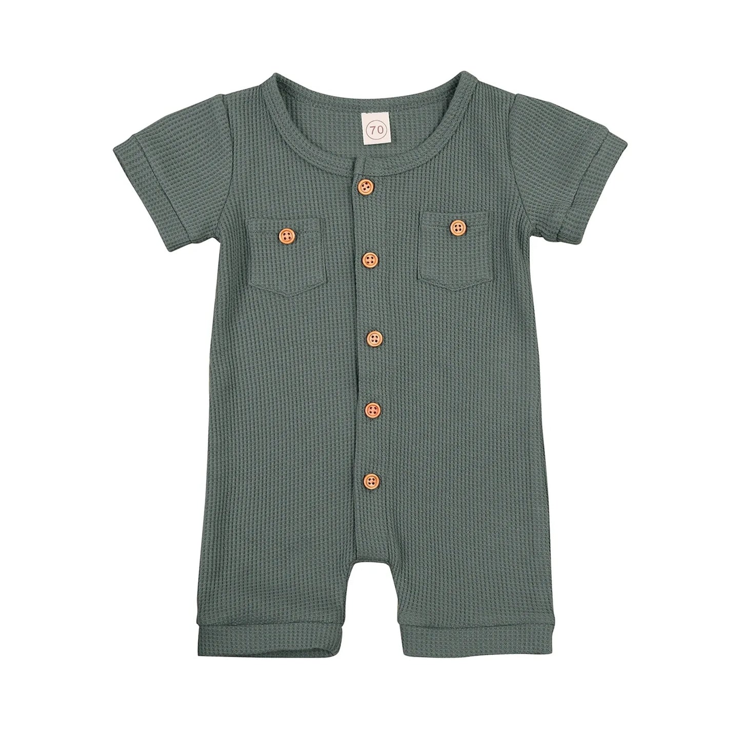 Baby Solid Color Short Sleeve Round Neck Button Playsuit