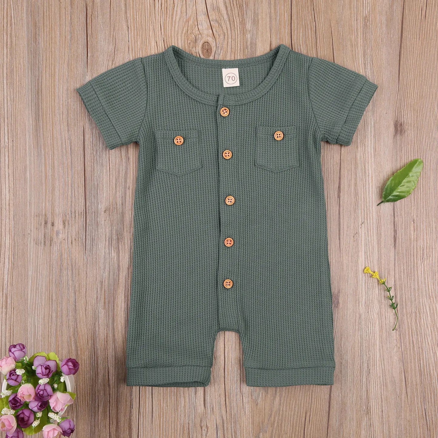 Baby Solid Color Short Sleeve Round Neck Button Playsuit