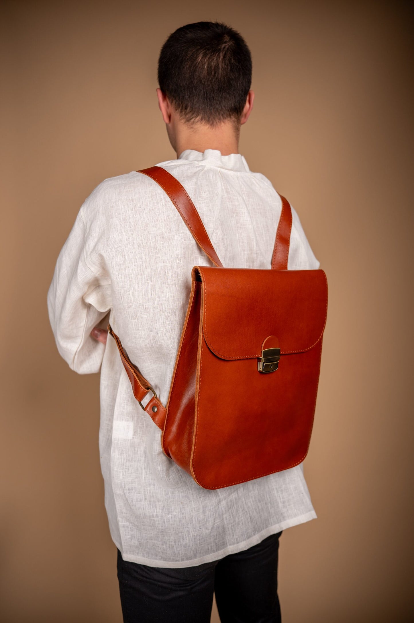 Natural Leather Saddle Backpack - Light Brown