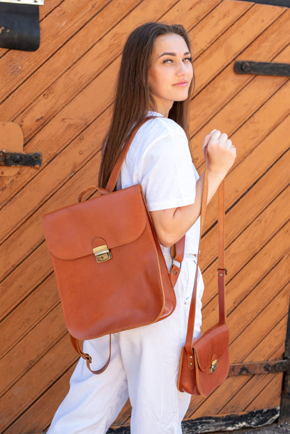 Natural Leather Saddle Backpack - Light Brown