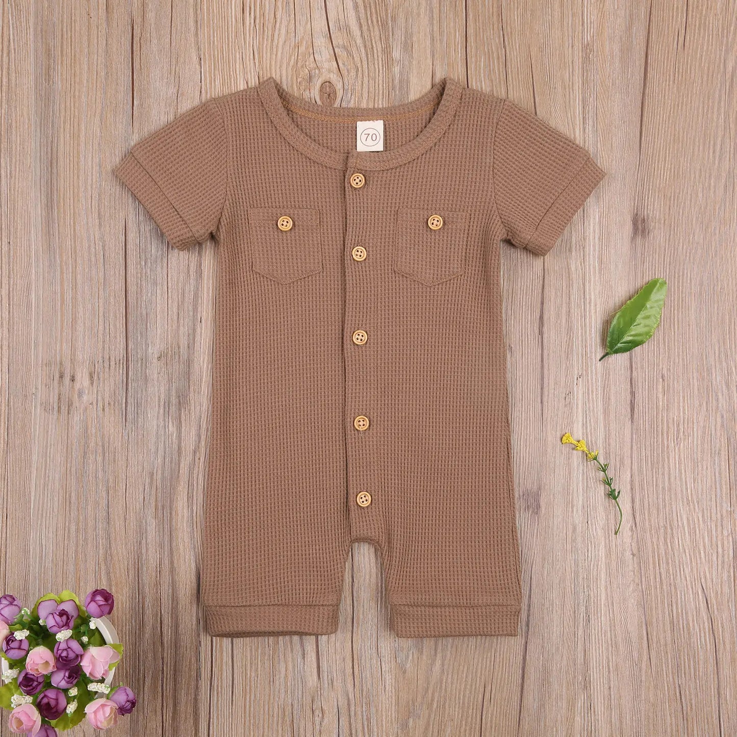 Baby Solid Color Short Sleeve Round Neck Button Playsuit