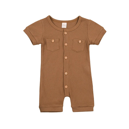 Baby Solid Color Short Sleeve Round Neck Button Playsuit