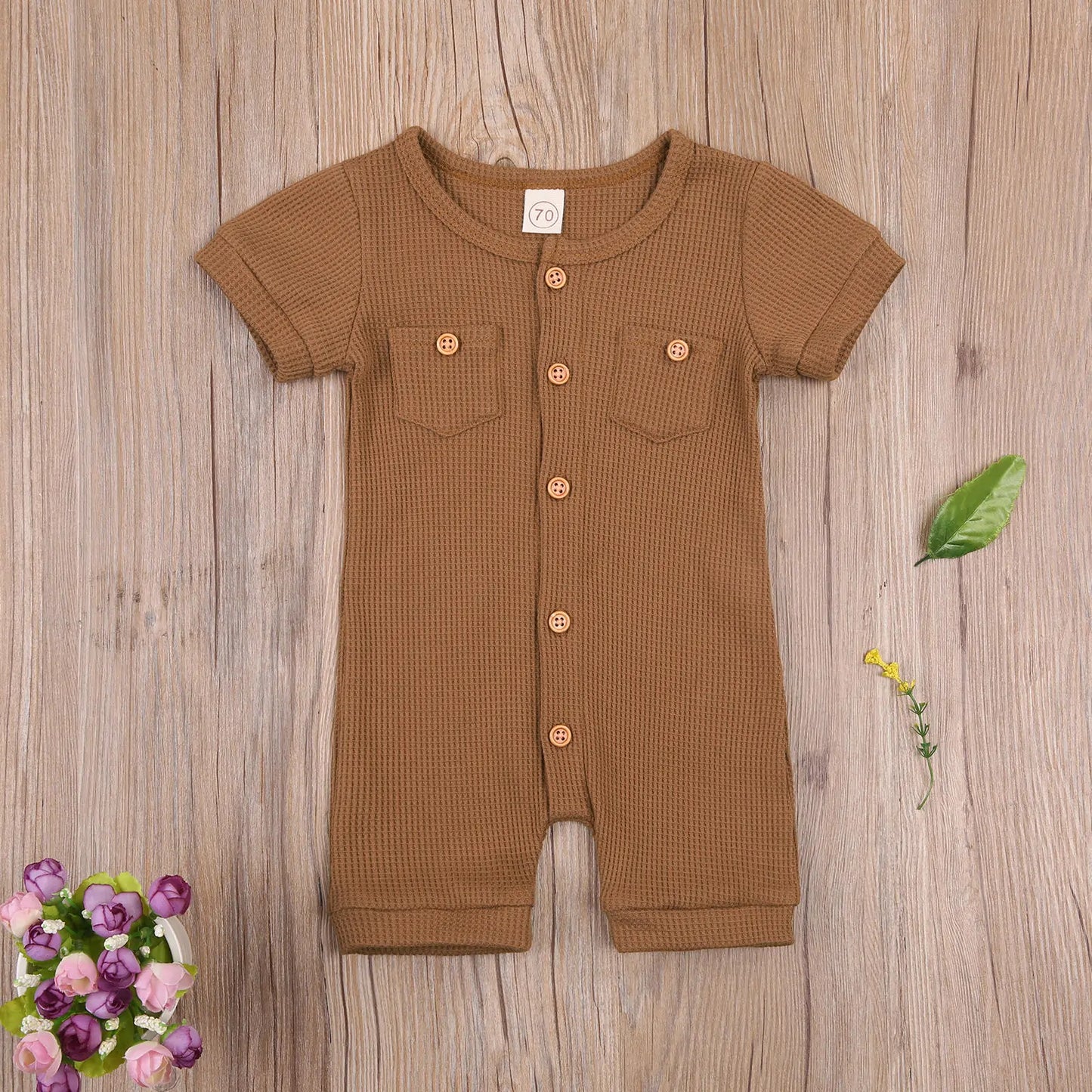 Baby Solid Color Short Sleeve Round Neck Button Playsuit