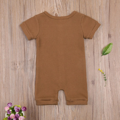 Baby Solid Color Short Sleeve Round Neck Button Playsuit