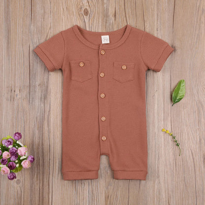 Baby Solid Color Short Sleeve Round Neck Button Playsuit